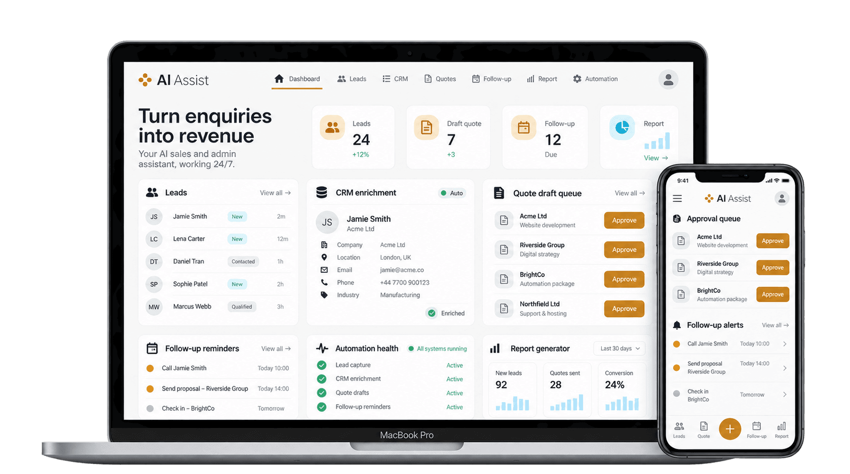 AI sales automation dashboard shown on a MacBook and iPhone