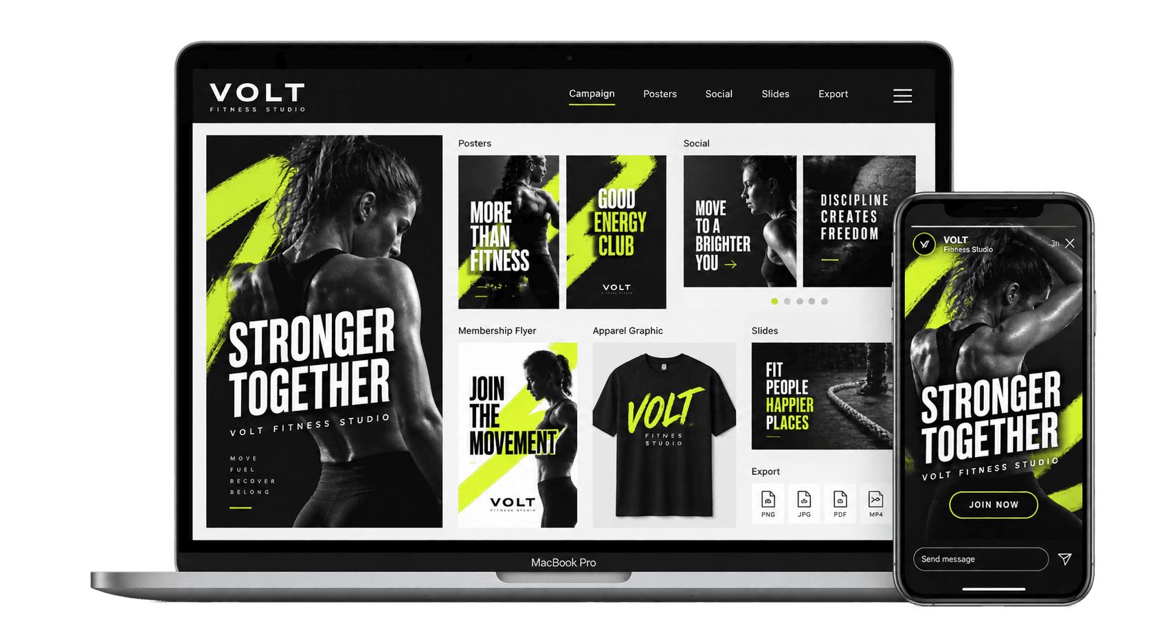 Fitness studio campaign graphics shown on a MacBook and iPhone