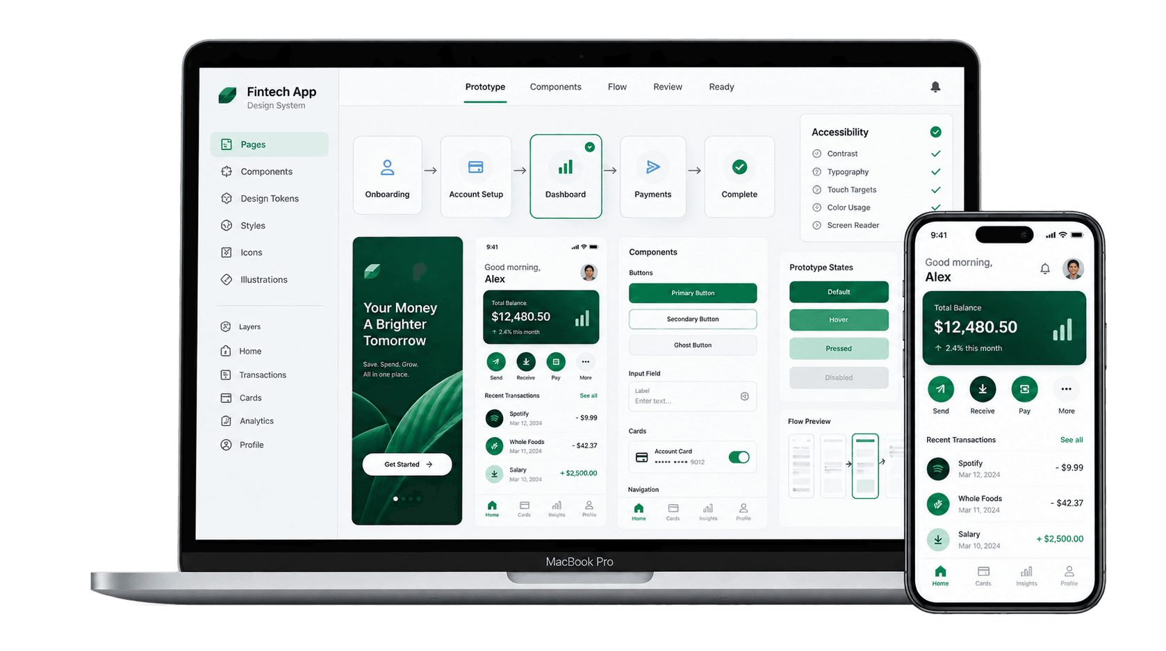 Design system and prototype review shown on a MacBook and iPhone