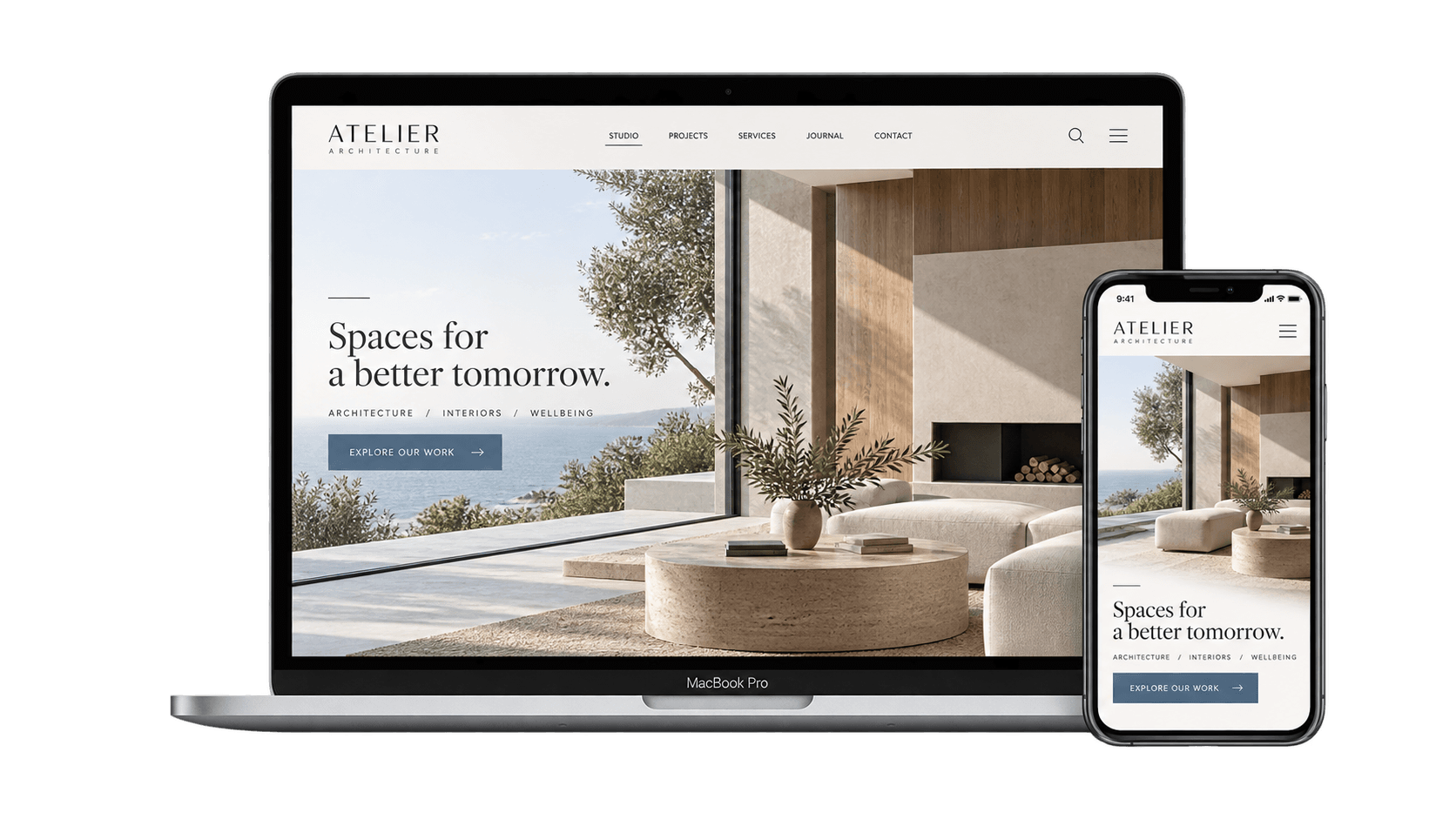Architecture studio website shown on a MacBook and iPhone
