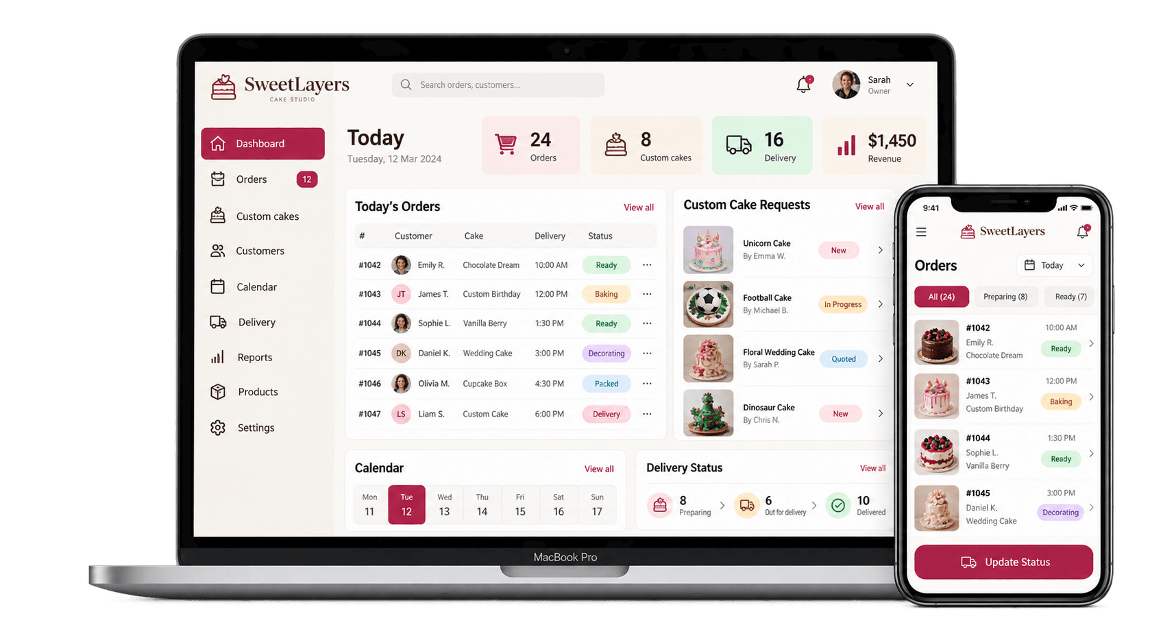 Cake shop admin system shown on a MacBook and iPhone