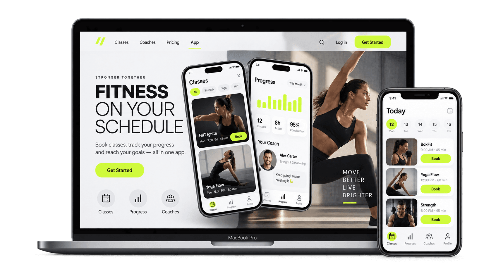 Fitness booking app shown on a MacBook and iPhone