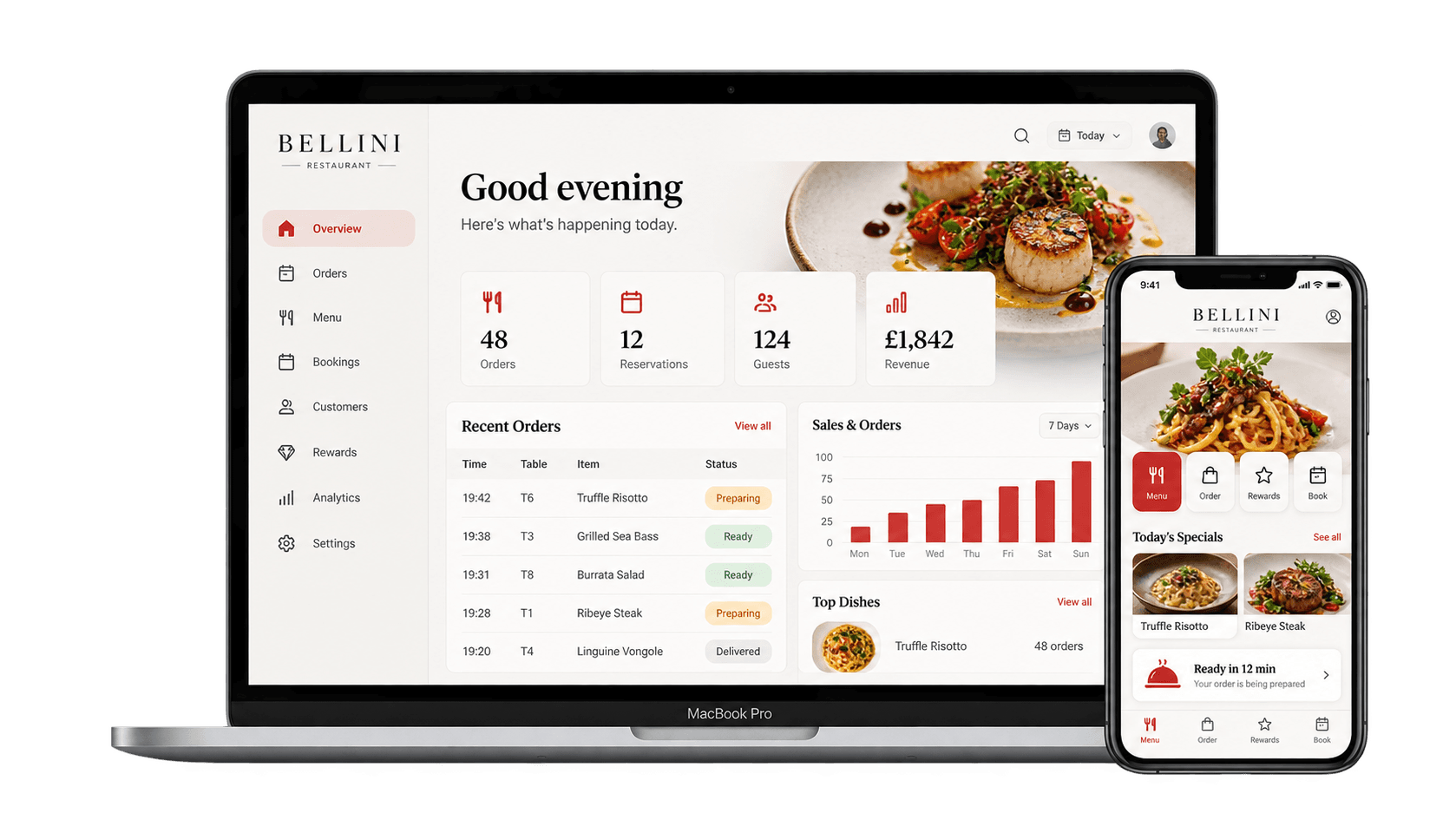 Restaurant ordering app and admin shown on a MacBook and iPhone