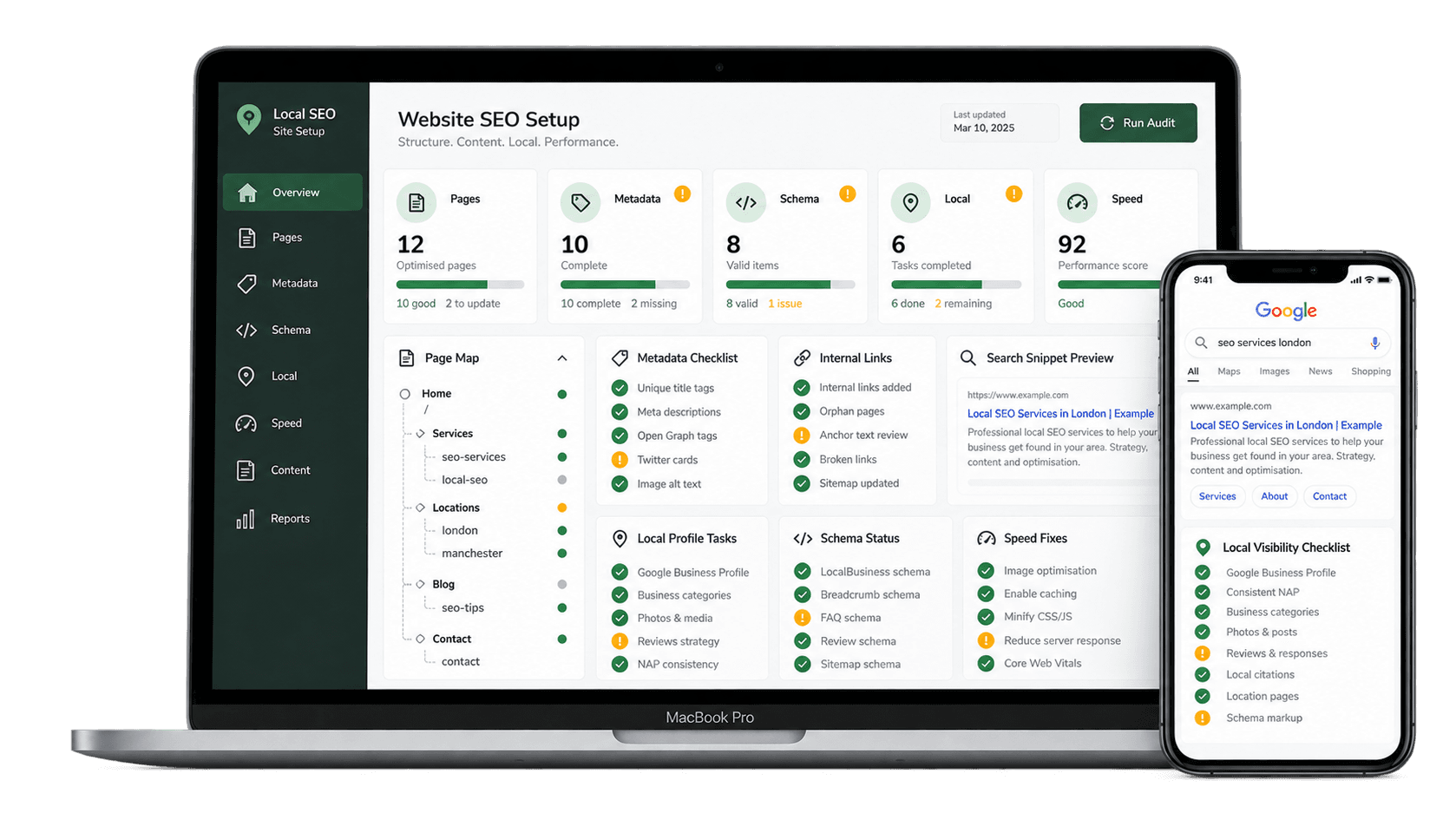 Local SEO setup dashboard shown on a MacBook and iPhone