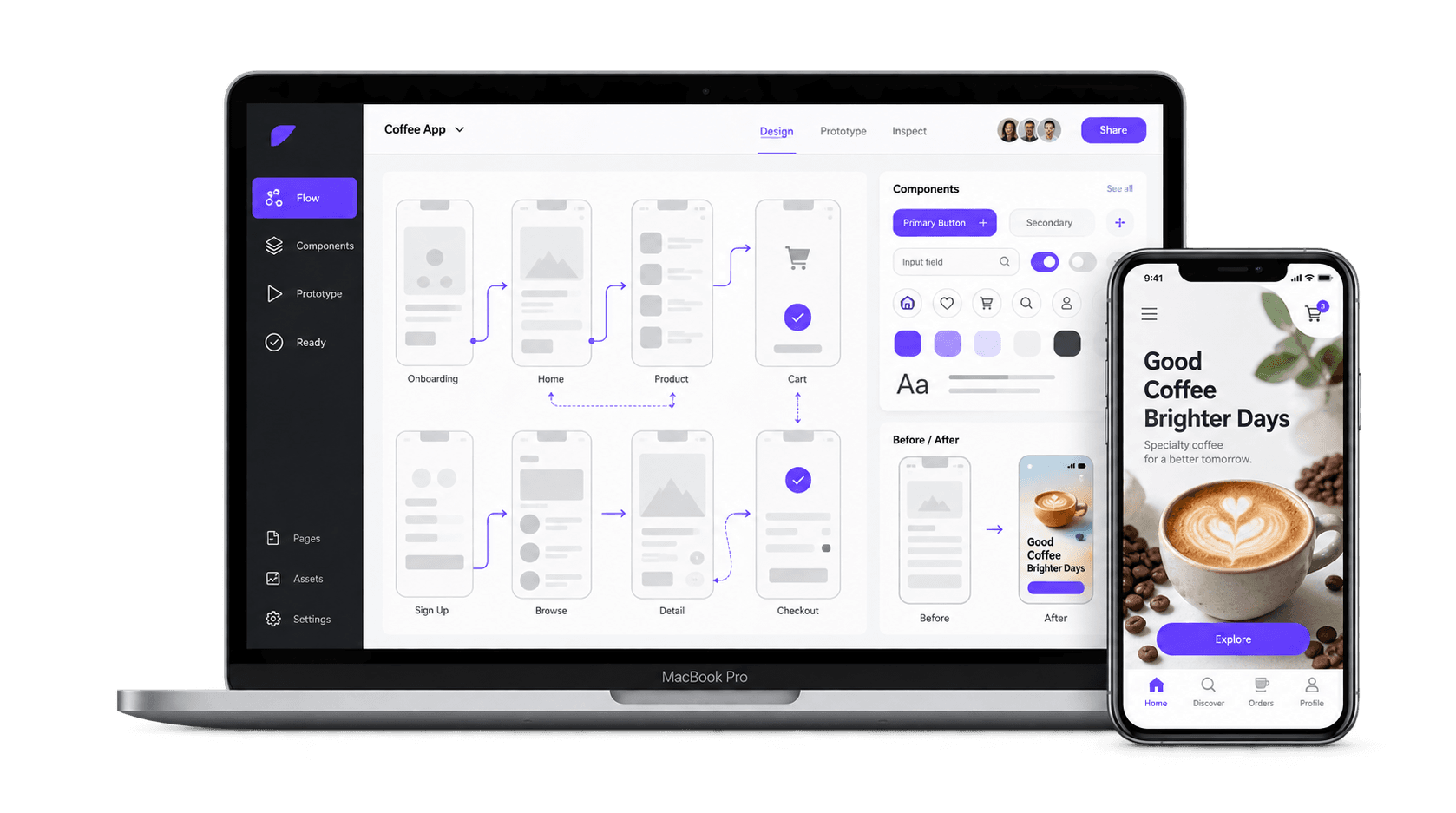 UI and UX design workspace shown on a MacBook and iPhone