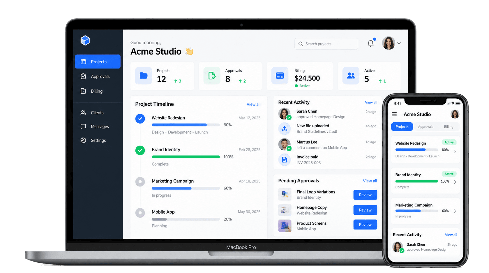 Client portal dashboard shown on a MacBook and iPhone
