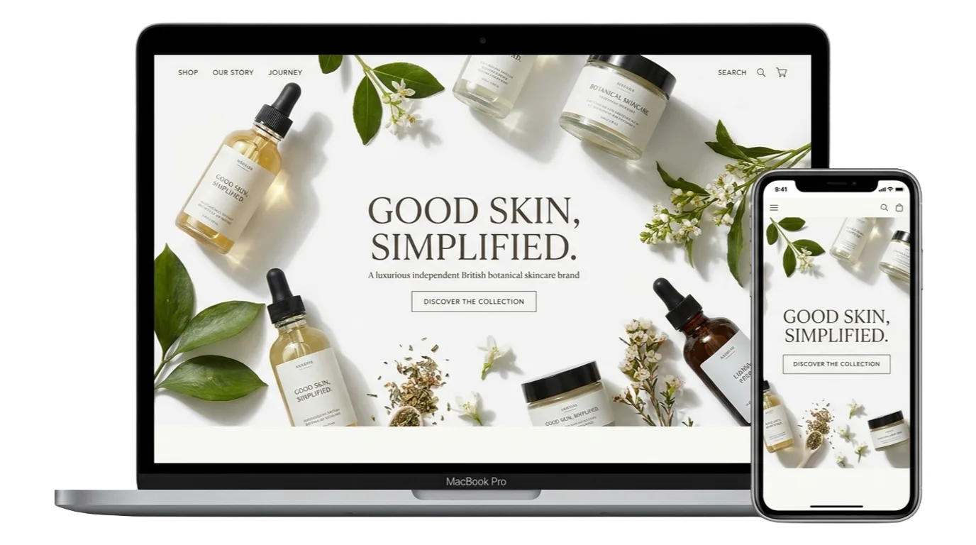 Botanical skincare homepage shown on a laptop and a phone