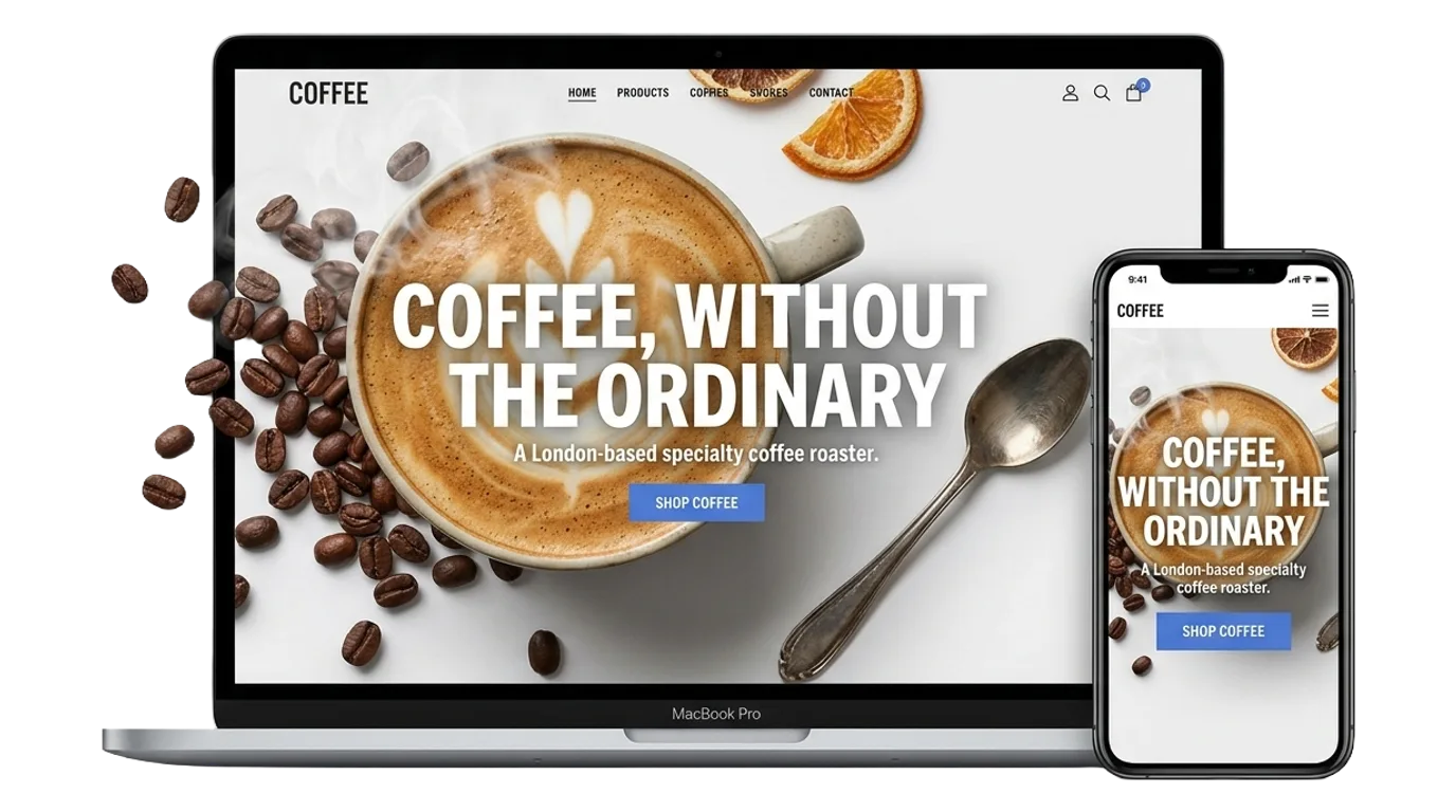 Coffee brand ecommerce homepage shown on a laptop and a phone