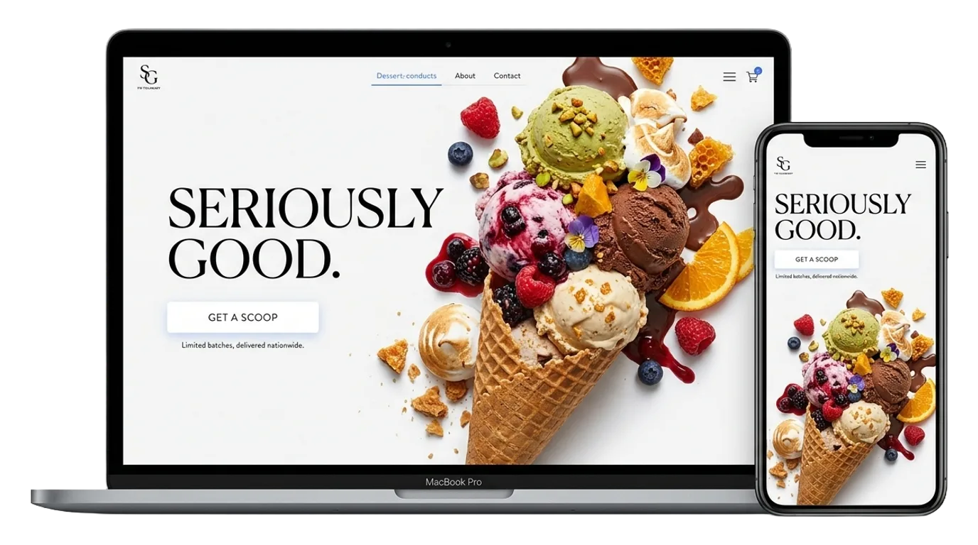 Dessert brand homepage shown on a laptop and a phone
