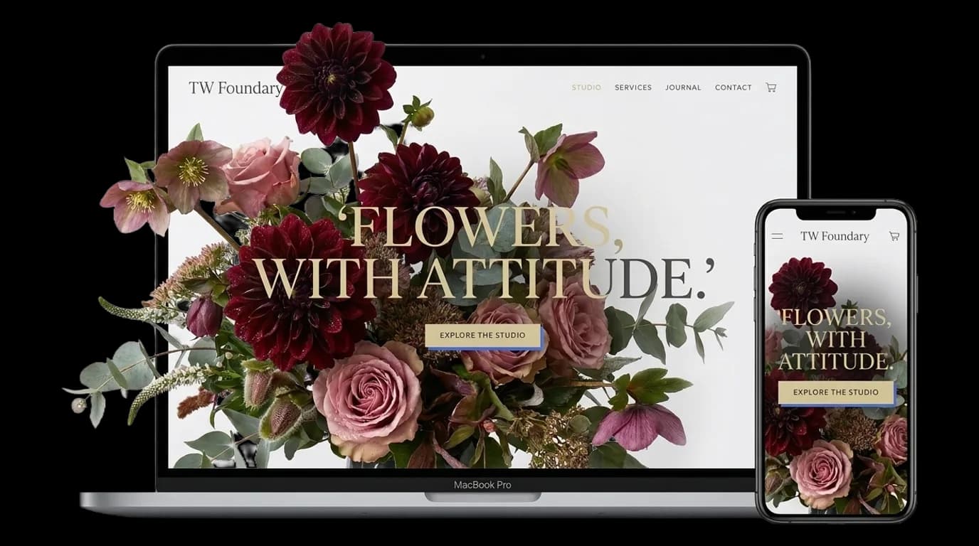 Floral studio homepage shown on a laptop and a phone