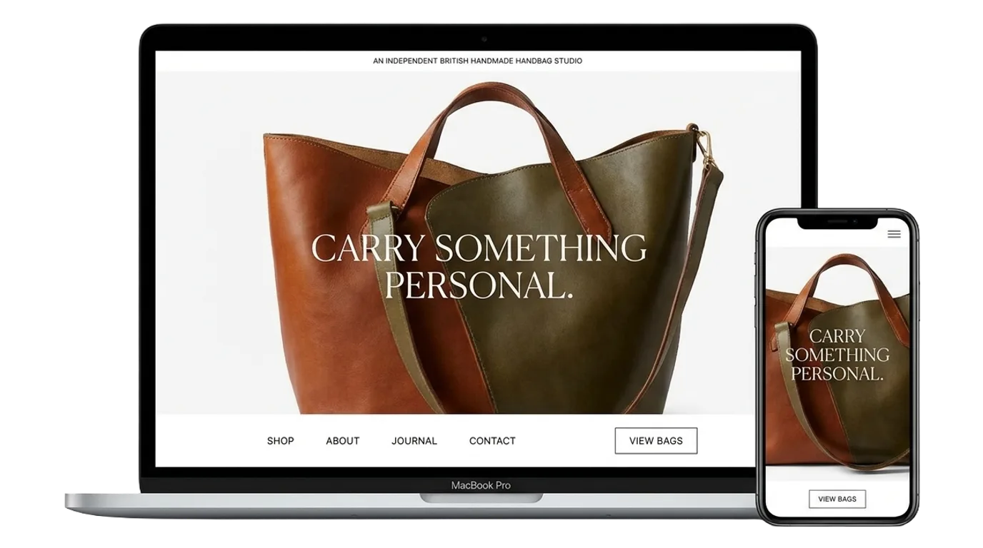 Handmade leather bag shop homepage shown on a laptop and a phone
