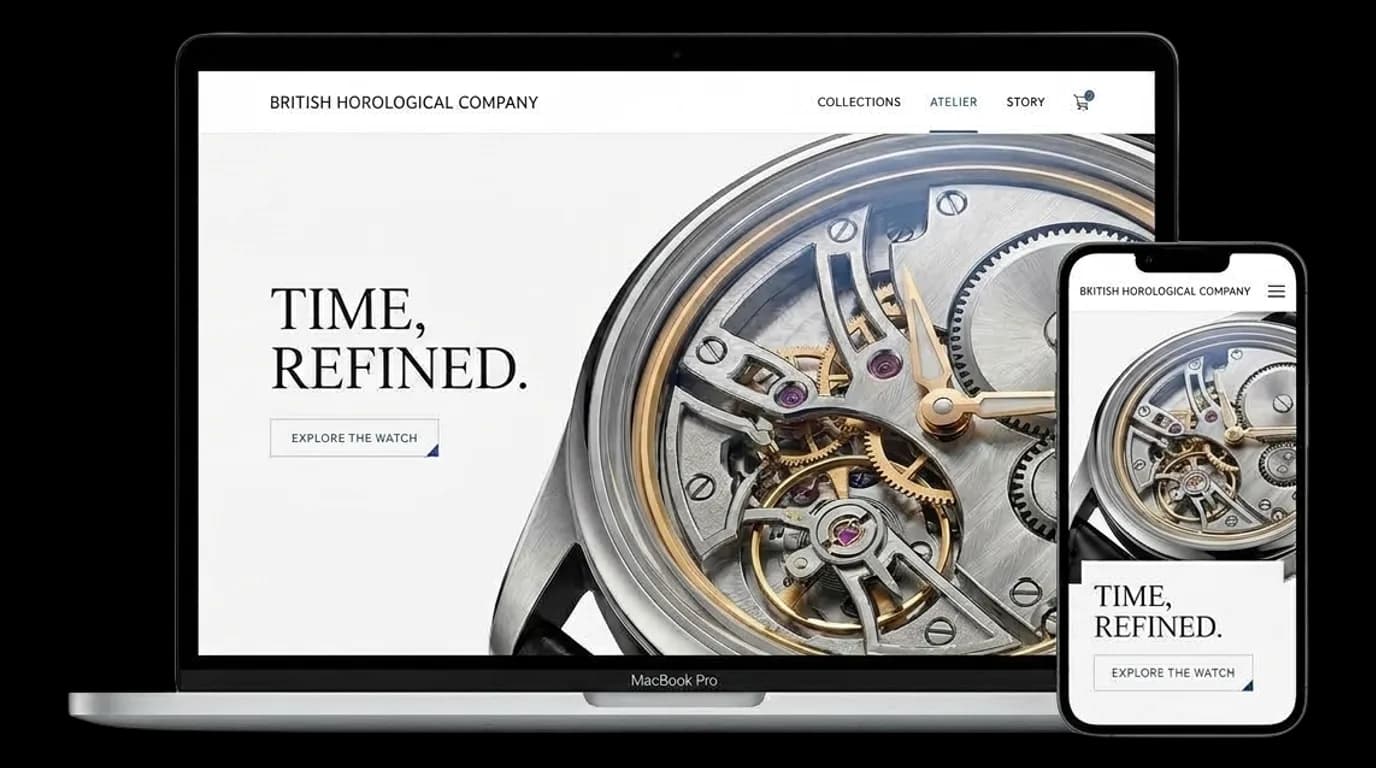 Luxury watch homepage shown on a laptop and a phone