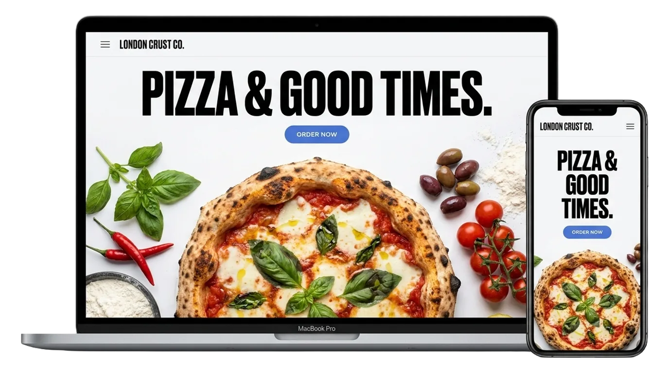Pizzeria homepage shown on a laptop and a phone