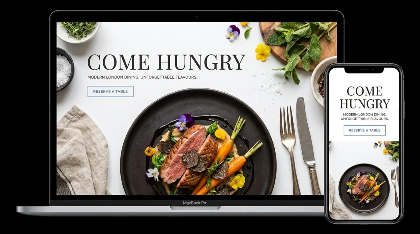 Restaurant homepage shown on a laptop and a phone