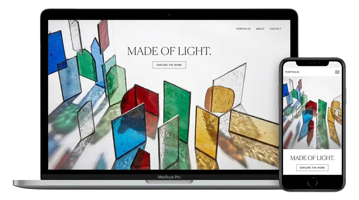 Stained glass ecommerce homepage shown on a laptop and a phone
