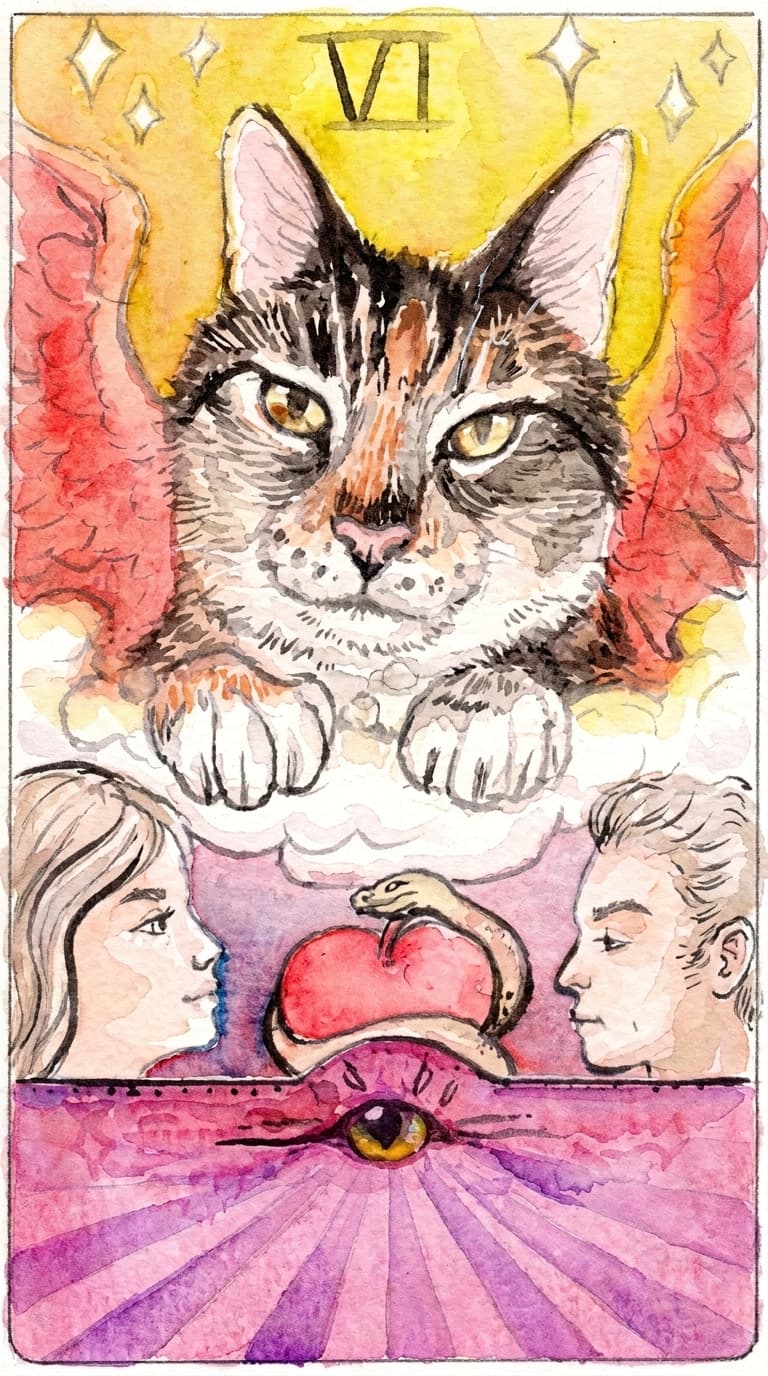 A hand-painted tarot card with a cat, two people, an apple and a snake
